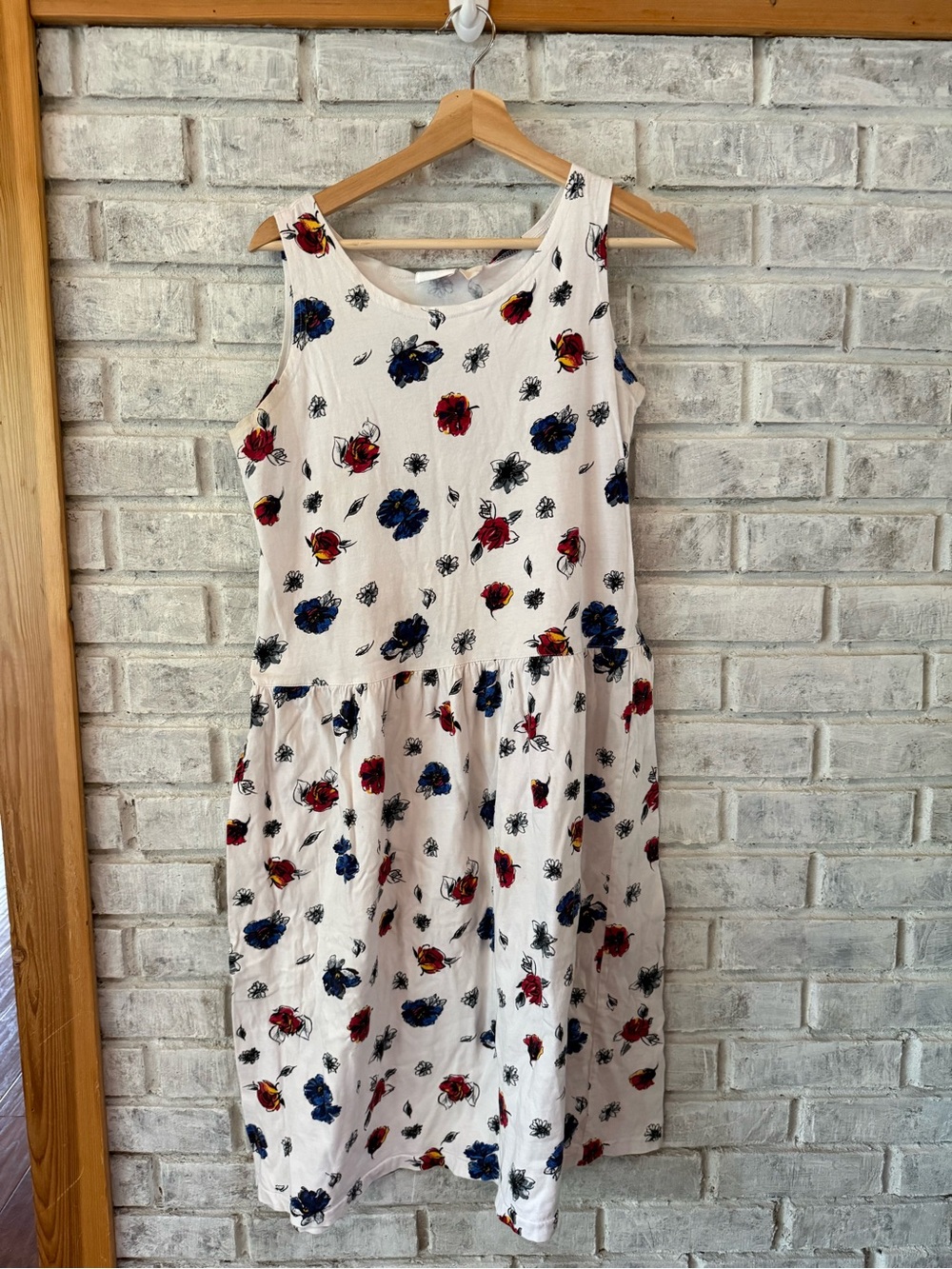 Vintage 90’s Cotton White Floral Sleeveless Dress - Red & Blue Flower Print
